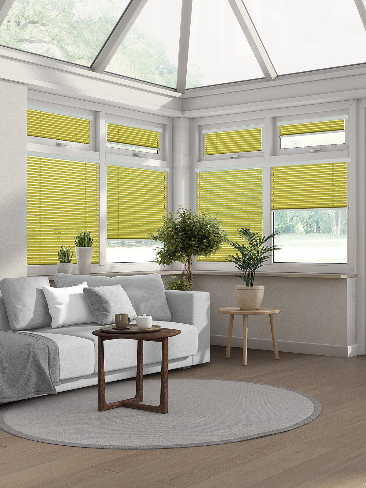 Yellow perfect fit venetian blinds in a conservatory